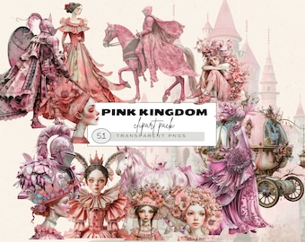 Knights And Princesses Clipart, Pink Hair Princess Clipart, Watercolor Princess Castle Clipart, Surreal Princesses Portraits, Junk Journal