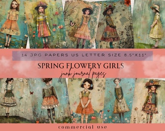 Spring Junk Journal Kit Prints, Spring Girls Junk Journal, Whimsical Girls Junk Journal, Digital Paper, Spring Garden Junk Journal Paper