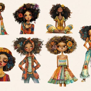 May include: A collection of eight illustrations of women with curly hair, adorned with flowers and bohemian clothing. The women are depicted in various poses, wearing colorful patchwork pants, dresses, and tops. The artwork has a whimsical, artistic style.