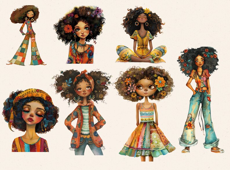 May include: A collection of eight illustrations of women with curly hair, adorned with flowers and bohemian clothing. The women are depicted in various poses, wearing colorful patchwork pants, dresses, and tops. The artwork has a whimsical, artistic style.