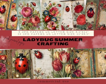 May include: A collection of vintage-style digital papers featuring floral designs, ladybugs, and butterflies. The papers include roses, tulips, and other flowers in a variety of colors. The text on the image reads "Ladybug Summer Crafting". The paper sizes are 8.5"x11" and 11"x8.5".