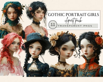 Goth Doll Clipart, Modern Gothic Girls Clipart, Gothic Girl Clipart, Watercolor Paper Dolls, Halloween Characters, Commercial, Clip Art