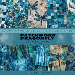 May include: 32 digital papers featuring a patchwork design with dragonfly and floral motifs in shades of blue. The papers are 8.5 inches by 11 inches and are for commercial use.