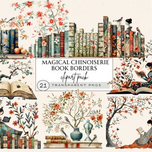 Clipart bordo libro, bordi libro Png, clipart floreale cineserie, cineserie Png, donna che legge libro Png, clipart ragazze cinesi, cinese