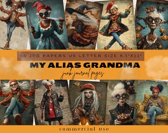 Hippie Old Lady Junk Journal, Old Lady Junk Journal Pages, Halloween Grandma Junk Journal,  Halloween Grandma Ephemera, Scary Hippie Grandma