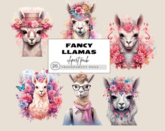 May include: A digital clipart pack of 26 images featuring cute llamas with floral headbands and other accessories. The llamas are depicted in various poses and expressions, with a watercolour-like style. The text "FANCY LLAMAS clipart pack 26 TRANSPARENT PNGS" is displayed on a white banner.