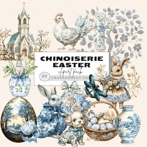 Chinoiserie Easter Eggs Clipart, Grandmillenial Easter Clipart, Blue Toile Easter, Toile De Jouy Easter Eggs, Coquette Easter Png, Bunny Png