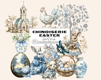 Chinoiserie paaseieren clipart, Grandmillenial Pasen clipart, blauwe toile Pasen, toile de jouy paaseieren, Coquette Easter png, konijntje png