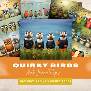 Quirky Birds Junk Journal Pages, Quirky Birds Ephemera Junk Journal, Funny Birds Junk Journal, Colorful Digital Art Paper, Bird Background