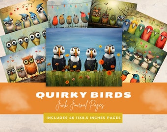 Quirky Birds Junk Journal Pages, Quirky Birds Ephemera Junk Journal, Funny Birds Junk Journal, Colorful Digital Art Paper, Bird Background