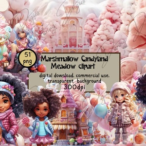 Può includere: Un'illustrazione digitale di una scena di un paese delle caramelle fantastico con un castello di marshmallow rosa e bianco, alberi di caramelle e palloncini colorati. Ci sono quattro ragazze con diversi stili di capelli e abiti, tra cui una ragazza che cavalca un pony bianco. Il testo "Marshmallow Candyland Meadow clipart" è visualizzato su uno stendardo marrone.