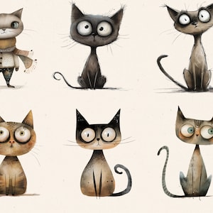 Puede incluir: Seis gatos de dibujos animados con diferentes expresiones y patrones de pelaje. Los gatos est&aacute;n todos sentados y mirando al espectador.
