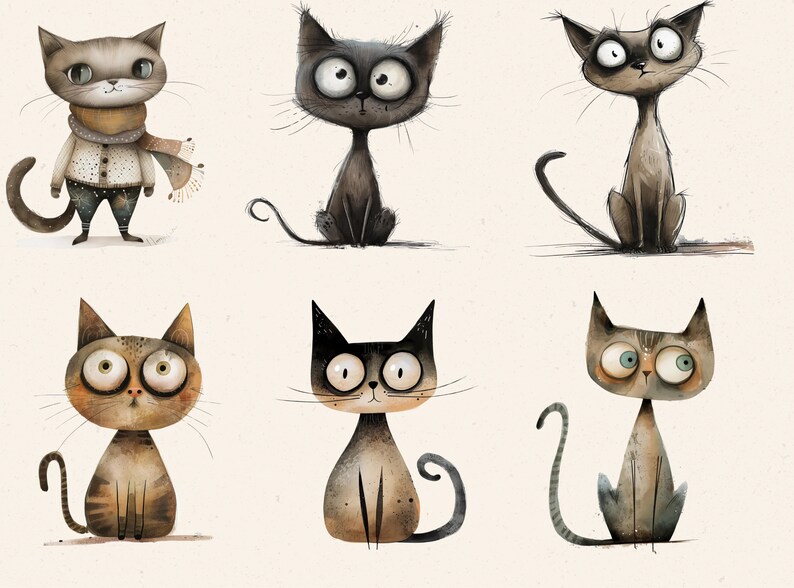 Puede incluir: Seis gatos de dibujos animados con diferentes expresiones y patrones de pelaje. Los gatos est&aacute;n todos sentados y mirando al espectador.