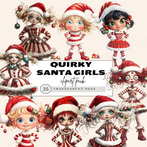 Clipart de niña peculiar, clipart de Navidad peculiar, clipart de niña peculiar caprichosa, clipart de Papá Noel peculiar, niña Papá Noel, clipart de la señora Papá Noel, loca