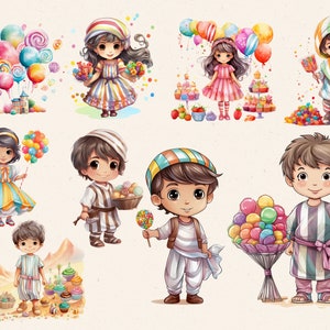 May include: Watercolor illustrations of children with sweets and candies. The images feature children holding lollipops, balloons, and baskets of treats. The color palette includes pastels, with a focus on pinks, blues, and yellows. The overall theme is whimsical and playful.