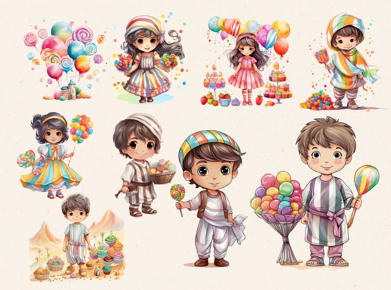 May include: Watercolor illustrations of children with sweets and candies. The images feature children holding lollipops, balloons, and baskets of treats. The color palette includes pastels, with a focus on pinks, blues, and yellows. The overall theme is whimsical and playful.