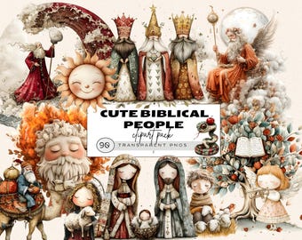 Puede incluir: Un conjunto de 90 imágenes de clipart digitales que presentan ilustraciones lindas y de estilo de dibujos animados de personas bíblicas. Las imágenes están en un estilo de acuarela e incluyen personajes como los tres reyes magos, una serpiente, un pastor y un bebé Jesús.