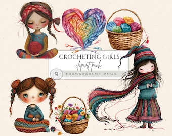Crochet Girl Clipart: Yarn Ball & Hook PNG Graphics (Digital Download)
