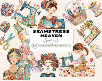 Peut inclure: Un ensemble de 34 images clipart numériques sur le thème de la couture fantaisiste. Les images comprennent des machines à coudre, des bobines de fil, des ciseaux, des dé à coudre et des motifs floraux. Le texte "SEAMSTRESS HEAVEN clipart pack 34 TRANSPARENT PNGS" est inclus dans l'image.