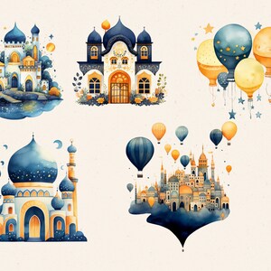 May include: Four watercolor illustrations of blue and gold buildings with intricate details. The first image shows a castle with a bridge leading to it. The second image shows a building with a large, ornate door. The third image shows a mosque with a dome and minarets. The fourth image shows a city with many buildings and hot air balloons.