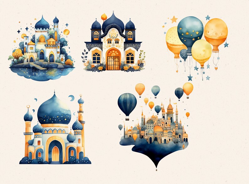 May include: Four watercolor illustrations of blue and gold buildings with intricate details. The first image shows a castle with a bridge leading to it. The second image shows a building with a large, ornate door. The third image shows a mosque with a dome and minarets. The fourth image shows a city with many buildings and hot air balloons.