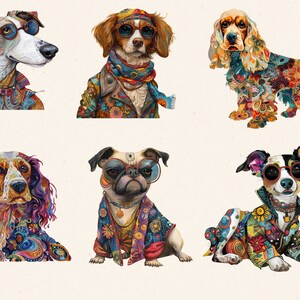 May include: Six dogs wearing colorful, patterned clothing and sunglasses. The dogs are all different breeds and have different expressions on their faces.