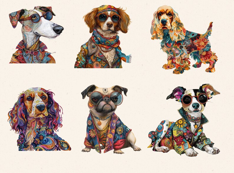 May include: Six dogs wearing colorful, patterned clothing and sunglasses. The dogs are all different breeds and have different expressions on their faces.