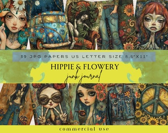 May include: A digital collage sheet with 39 images in a hippie and flower theme. The images are in a variety of styles, including cartoon, psychedelic, and realistic. The images are all in a bright color palette and feature flowers, peace signs, and other hippie symbols. The images are perfect for use in junk journals, scrapbooking, and other craft projects.