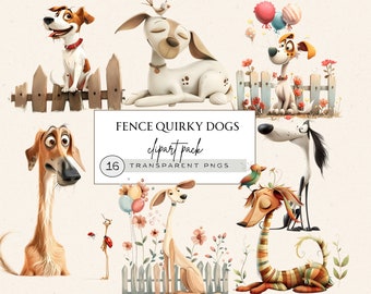 May include: A digital clipart pack of 16 quirky cartoon dogs with various expressions and poses. The dogs are depicted in front of a wooden fence and a garden setting with flowers and balloons. The text "FENCE QUIRKY DOGS clipart pack 16 TRANSPARENT PNGS" is displayed on a white banner.