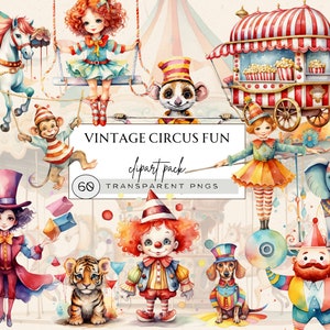 Clipart cirque vintage, clipart numérique cirque, clipart aquarelle cirque, animaux du cirque Png, Png Clipart Circus, thème du cirque Png