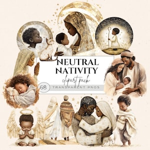 Clipart acquerello scena della natività, Clipart carino della natività, Natività afroamericana, Clipart religioso neutro, Biglietti di Natale, Etichette regalo