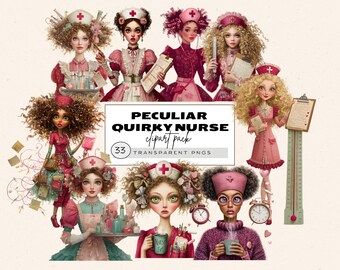 Skurrile Krankenschwester Clipart, medizinische Bilder, Krankenhausdamen, wunderliche Krankenschwestern, lustige Krankenschwester Geschenk, digitaler Download, Krankenschwester Aufkleber Png