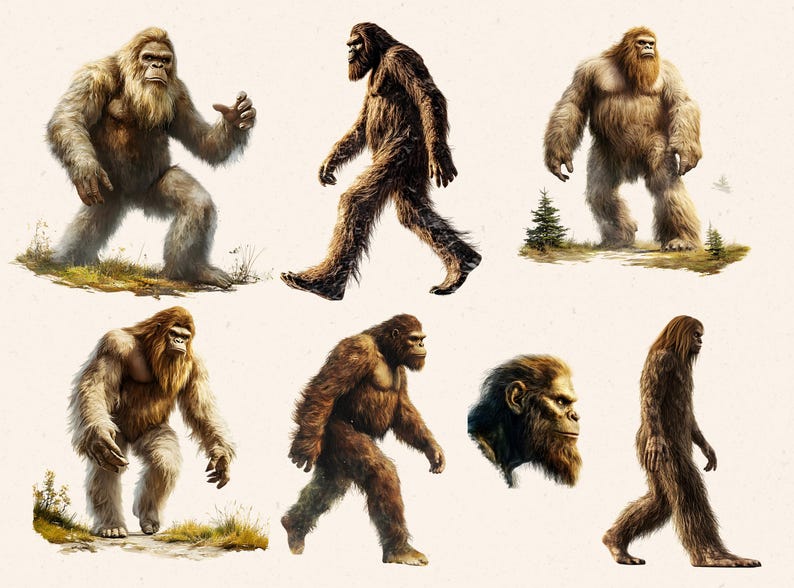 May include: A collection of seven illustrations of Bigfoot, a mythical creature, in various poses. The illustrations are in a realistic style and depict Bigfoot as a large, hairy humanoid with a long, shaggy coat.
