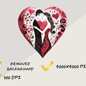 May include: A watercolour illustration depicting a couple embracing within a heart shape. The artwork features a man in a black suit and a woman in a red dress, surrounded by red hearts and floral accents. The image has a romantic theme.