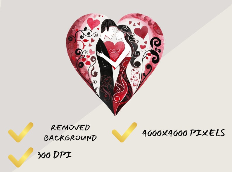 May include: A watercolour illustration depicting a couple embracing within a heart shape. The artwork features a man in a black suit and a woman in a red dress, surrounded by red hearts and floral accents. The image has a romantic theme.