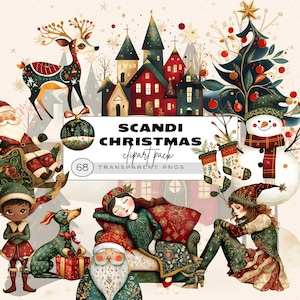 Clipart di Babbo Natale Scandi, Clipart del villaggio di Babbo Natale, Clipart di arte popolare scandinava, Clipart di Natale popolare, Scaffale degli elfi afroamericani PNG, Vintage