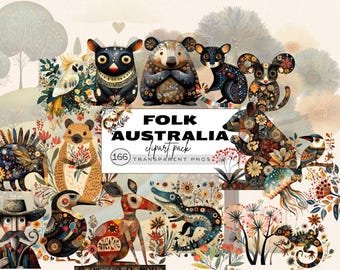 Australian Animals Clipart Bundle, Australian Bird Clipart, Folk Art Animal Clipart, Kookaburra Png, Australian Wildlife, Sea Life, Woodland