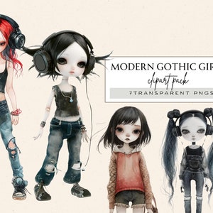 Gothic Doll Clipart, Modern Gothic Girls Clipart, Gothic Girl Clipart, Watercolor Paper Dolls, Halloween Characters, Commercial, Clip Art