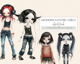 Gothic Doll Clipart, Modern Gothic Girls Clipart, Gothic Girl Clipart, Watercolor Paper Dolls, Halloween Characters, Commercial, Clip Art
