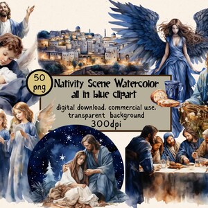 Kerststal aquarel clipartbundel, kerst kerststal clipart, kerststal png, grote kerstbundel, engelen, taferelen van Jeruzalem