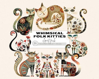 May include: Whimsical Folk Kitties clipart pack of 16 transparent PNGs.  The digital download features colorful cats with folk art designs.  The cats are in various poses and have different patterns and colors.