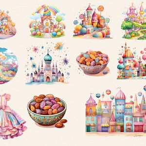 May include: A collection of whimsical watercolor illustrations featuring colorful castles, candy-themed structures, and a princess dress. The images showcase a vibrant palette of pastels, rainbows, and sweets, evoking a fairytale theme.
