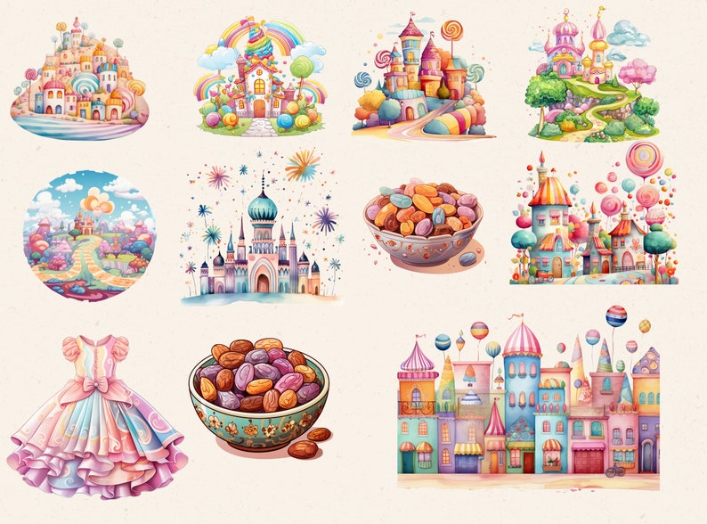 May include: A collection of whimsical watercolor illustrations featuring colorful castles, candy-themed structures, and a princess dress. The images showcase a vibrant palette of pastels, rainbows, and sweets, evoking a fairytale theme.
