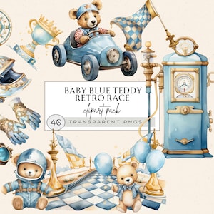 Fast One Clipart, Retro Race Car Clipart, Race Car Birthday Png, Boy Teddy Bear Clipart, Teddy Bear Racer Png, Uso Comercial, Carro Antigo