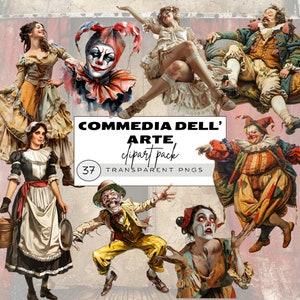 Imágenes prediseñadas de teatro, imágenes prediseñadas de Commedia Dell' Arte, imágenes prediseñadas de payaso lindo, imágenes prediseñadas de acuarela de circo, imágenes prediseñadas de tema de circo, teatro vintage, comedia