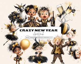 Happy New Year Clipart Black And Gold 2025, Black And Gold Kids New Year, Crazy Funny New Year,New Years Party Invite Png,Universal New Year