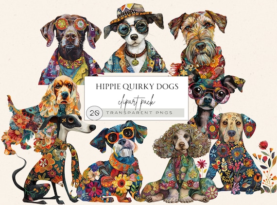 Whimsical Dog Png, Quirky Dog Clipart, Whimsical Dog Clipart, Quirky Animals Png, Cute And Funny Dog Clipart Bundle, Hippie Dog Breeds