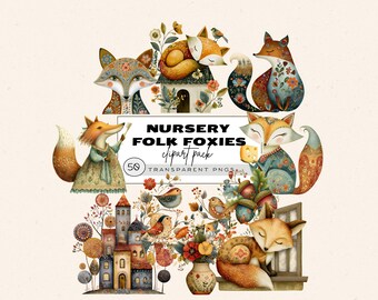 Watercolor Autumn Fox Png, Folk Art Woodland Clipart, Nursery Designs, Woodland Fox Portraits, Forest Animals Png, Cute Fox Clipart Pack