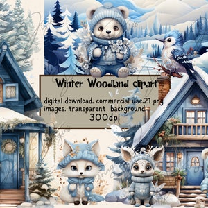 Clipart Winter Woodland, colore blu, immagini di neonati, periodo invernale, 300 dpi, accogliente inverno ghiacciato, ottimo per biglietti di auguri o ornamenti invernali