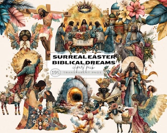 Op de afbeelding: Surreal Easter Biblical Dreams clipart-pakket met 195 transparante PNG's. De clipart bevat een verscheidenheid aan religieuze afbeeldingen, waaronder Jezus, engelen en het Laatste Avondmaal. De afbeeldingen zijn geschilderd in een grillige stijl met levendige kleuren en ingewikkelde details.